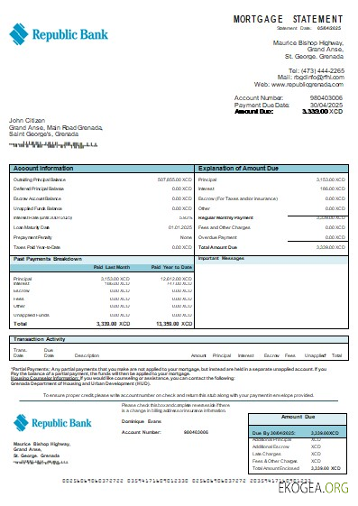 Relevé hypothécaire bancaire de la République de Grenade scr